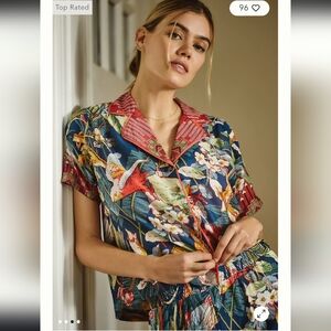 Anthropologie novelty tropical bird print button down cropped top size M